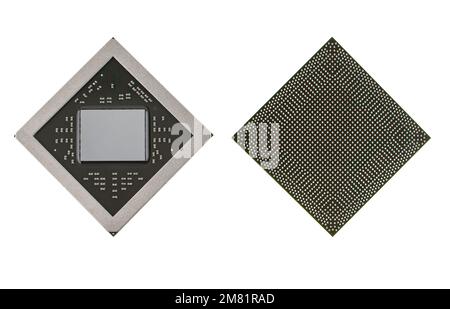 microcircuit, puce vidéo pour ordinateur portable, vue de deux côtés, sur un fond blanc isolé Banque D'Images