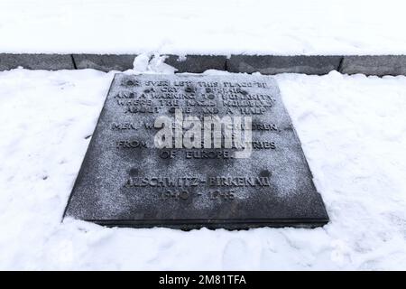 Auschwitz Birkenau camp de concentration nazi dans la neige d'hiver - monument commémoratif de l'Holocauste à la mémoire des millions de morts; site du patrimoine mondial de l'UNESCO Banque D'Images