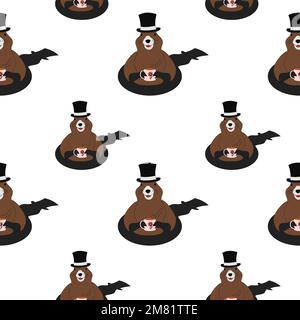 Motif sans couture de marmotte dans un chapeau avec une tasse dans ses pattes sortant de son trou et de l'ombre derrière. Bonne journée de marmotte. Isoler. Idéal pour poster, cartes, toile de fond, emballage ou papier peint, étiquette. EPS Illustration de Vecteur