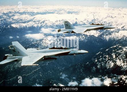 Vue aérienne à droite de deux avions Hornet TF/A-18 du Fighter/Attack Squadron 125 (VFA-125), à la base aérienne navale de Lemoore, en Californie. Il s'agit d'un avion d'entraînement modifié utilisé par les aviateurs de la Marine et du corps de la Marine. Pays : inconnu Banque D'Images