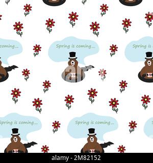 Motif sans fin de marmotte dans un chapeau avec une tasse sortant du trou et de l'ombre avec le printemps lettering arrive. Bonne journée de marmotte. Isoler. Idéal pour les affiches, les bannières ou les étiquettes de prix, les cartes et les brochures. EPS Illustration de Vecteur