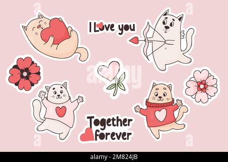 Collection chats autocollants dans l'amour. Adorable chaton cupidon et animaux heureux avec coeur et fleurs. Illustration vectorielle. animaux romantiques isolés pour le design Illustration de Vecteur