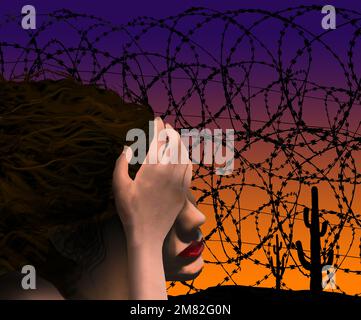 Une femme est consternée par le mur de fil de rasoir à la frontière des États-Unis et du Mexique dans une illustration de 3 jours. Banque D'Images