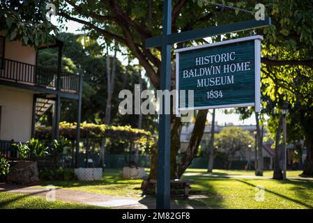 Panneau historique Baldwin Home Museum à Lahaina Town, Maui, Hawaii Banque D'Images