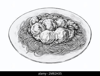 Plat de spaghetti à la main avec vecteur de boulettes de viande Illustration de Vecteur