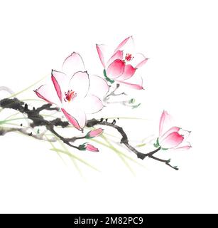 Peinture chinoise de magnolia en fleur Banque D'Images