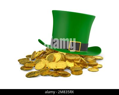 St Patrick. Chapeau vert avec de l'argent sur fond blanc. Illustration isolée 3D Banque D'Images