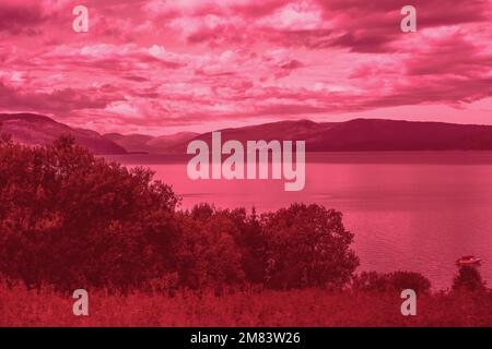 Côte rocheuse d'un lac de montagne dans la matinée d'automne. Belle nature de la Norvège. Couleur vive magenta tendance Banque D'Images
