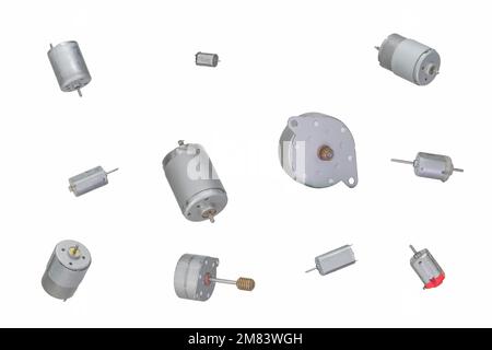 Divers moteurs électriques cc isolés sur fond blanc Banque D'Images