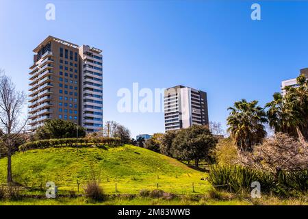 Un beau parc mixte avec des palmiers à côté d'une tour moderne quartier résidentiel à Barcelone, Catalogne, Espagne Banque D'Images