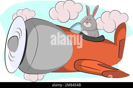 Un mignon lapin montre un maître de classe, exécuter divers tours dans le ciel sur son avion orange Illustration de Vecteur