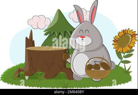 Un joli lapin recueille les champignons dans un renard et les met dans un panier Illustration de Vecteur