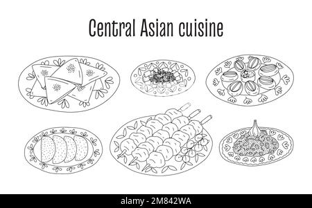 Cuisine d'Asie centrale plats ensemble vectoriel Illustration de Vecteur