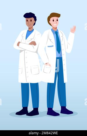 Équipe médicale . Médecins masculins avec un manteau blanc . Personnages de dessin animé . Vecteur . Illustration de Vecteur