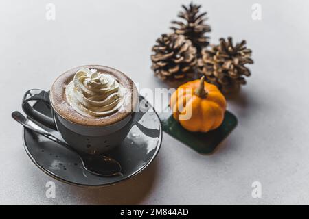 une tasse de chocolat chaud avec de la crème fouettée, une petite citrouille et trois cônes de pin à côté, ambiance hivernale. Photo de haute qualité Banque D'Images