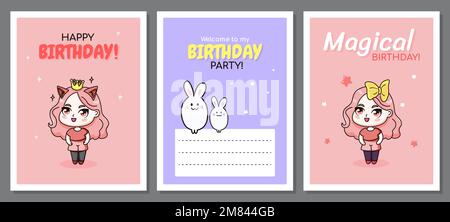 Ensemble de cartes de voeux pour joyeux anniversaire avec chibi filles et lapins. Illustration de Vecteur