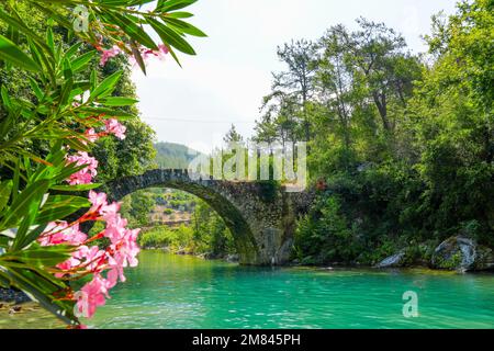 Ancien pont romain sur la rivière Dim en Turquie. Eau turquoise claire et nature verte. Banque D'Images