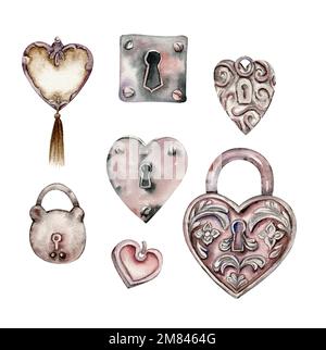 Aquarelle illustration d'un ancien élément rouillé serrures sculptées ensemble . Dessiné à la main en aquarelle sur fond blanc. Parfait pour les invitations de mariage, Banque D'Images