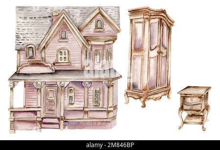 Illustration aquarelle d'un ancien mobilier et maison en bois. Un ancien élément en émail rouillé. Dessiné à la main en aquarelle sur fond blanc. Banque D'Images