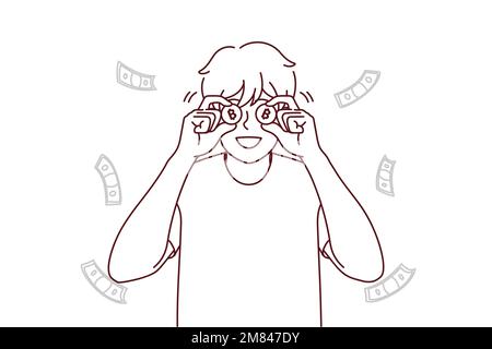 Jeune homme souriant avec des bitcoins excités avec des revenus ou des revenus. Un investisseur ou un financier masculin heureux se réjoui d'un taux ou d'un investissement réussi. Illustration vectorielle. Illustration de Vecteur