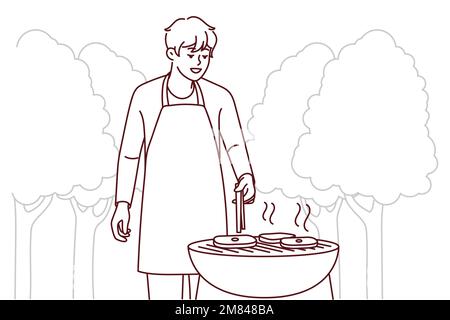 Homme souriant en tablier faisant de la viande sur le gril dans le parc. Bon gars ont plaisir à cuisiner barbecue à l'extérieur. Week-end et détente. Illustration vectorielle. Illustration de Vecteur