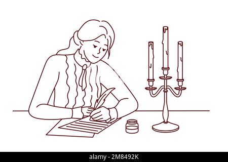 Une jeune femme en vêtements rétro s'assoit au bureau écrire avec des plumes et des bougies allumées. Bonne dame écrit sur le papier pendant les temps anciens. Style vintage. Illustration vectorielle. Illustration de Vecteur