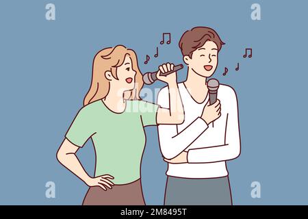 Homme et femme avec microphones, écoutez des chansons tout en profitant d'une pause karaoké le jour de la journée. Couple de mec et fille rêve de devenir des chanteurs célèbres, train performance de chansons célèbres. Image vectorielle plate Illustration de Vecteur