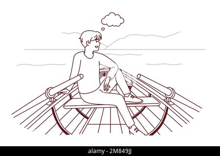 Un homme heureux s'assoit en bateau dans la nature, la pensée et l'imagination du paysage. Un homme souriant se détendre dans un bateau naviguant dans le fleuve rêvant et visualisant. Illustration vectorielle. Illustration de Vecteur