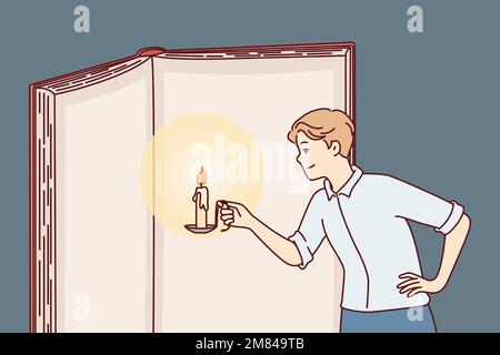 Homme curieux avec bougie dans les mains illumine les pages livre géant dans l'effort d'acquérir la connaissance. Guy est près d'un grand manuel ouvert étudiant l'information pour la formation avancée. Illustration vectorielle plate Illustration de Vecteur
