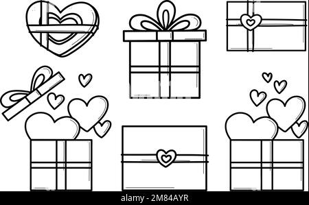 Icônes dessinées à la main cadeaux avec des coeurs dans le style Doodle. Ensemble de boîtes de présentation de dessin animé avec noeuds. Forfait cadeau avec amour pour la Saint-Valentin, anniversaire, mariage, anniversaire. Illustration de Vecteur