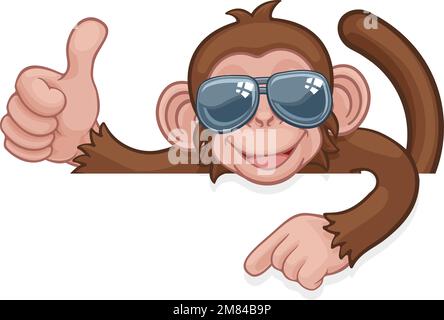 Thumbs Up Lunettes singe signe Pointage Cartoon Illustration de Vecteur