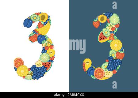 Le numéro 3 est composé de fruits et de baies aux couleurs vives. Trois différents, l'un sur un fond blanc et l'autre sur un fond bleu foncé. Dessiné à la main. Illustration de Vecteur