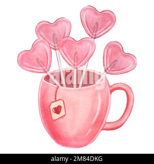 Tasse rose avec sucettes sucrées en forme de coeur sur un bâton. Illustration aquarelle dessinée à la main. Saint Valentin, amour. Isolé sur ba blanc Banque D'Images