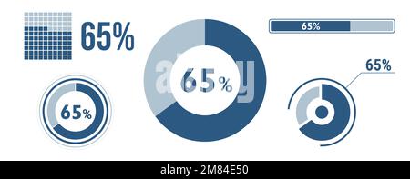 ensemble d'icônes de chargement de données à 65 %. Diagramme de soixante-cinq cercles, diagramme circulaire, barre de progression. infographie : 65 % de pourcentage. Collection de concepts Vector, blu Illustration de Vecteur