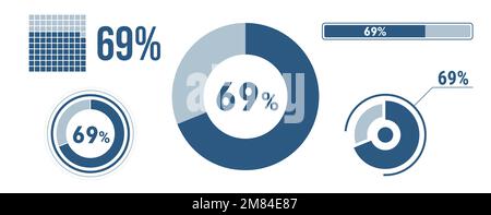 ensemble d'icônes de chargement de données à 69 %. Diagramme de soixante-neuf cercles, diagramme circulaire, barre de progression. infographie : 69 % de pourcentage. Collection de concepts Vector, blu Illustration de Vecteur