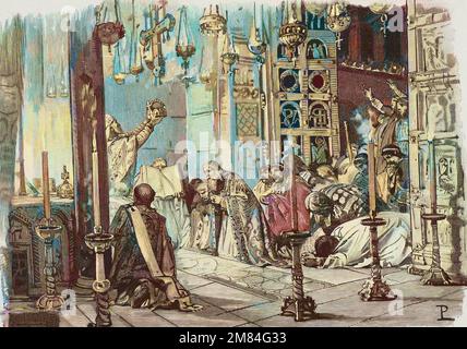 Charlemagne (742-814) couronné par le Pape Léon III (C750-816) à la basilique Saint-Pierre à Rome le 25th décembre 800 - Sacré (couronnement) de Charlemagne (742-814) en 800 par le Pape Léon III Banque D'Images