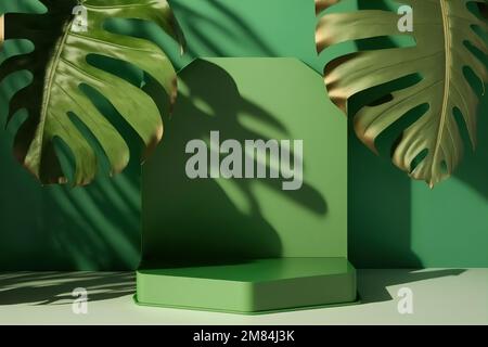 Podium de produits avec feuilles de monstère. Un support pour la présentation des produits sur un fond vert Banque D'Images