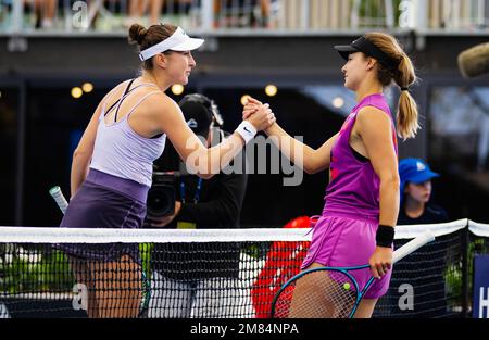 Belinda Bencic de Suisse et Anna Kalinskaya de Russie lors du deuxième tour de l'Adelaide International 2 2023, tournoi de tennis WTA 500 sur 11 janvier 2023 à Adélaïde, Australie - photo : Rob Prange/DPPI/LiveMedia Banque D'Images