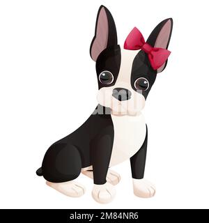 Boston terrier cool chiot avec noeud assis dans le style de dessin animé isolé sur fond blanc. Joli motif chien et imprimé. Illustration vectorielle Illustration de Vecteur