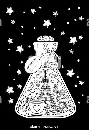 Un pot avec des rêves de voyage à Paris. Une bouteille avec papillon, coccinelle, feuilles, tasse de café, valentines et Tour Eiffel. Livre de coloriage vectoriel pa Illustration de Vecteur