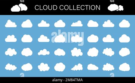 collection de symboles blancs de nuages boursouflés isolés sur fond bleu, illustration vectorielle de jeu d'icônes Illustration de Vecteur