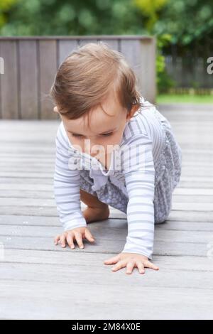 Shell marche bientôt. un joli petit bébé rampant sur une terrasse. Banque D'Images