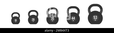 Ensemble d'icônes remplies de kettlebells. Différents poids et tailles : 18, 26, 35, 44 et 53 lb. Illustration vectorielle, conception plate Illustration de Vecteur