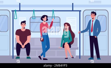 Les personnes sont en transports en commun. Métro, bus, hommes et femmes s'assoient et se tiennent debout. Illustration vectorielle, plate. Illustration de Vecteur