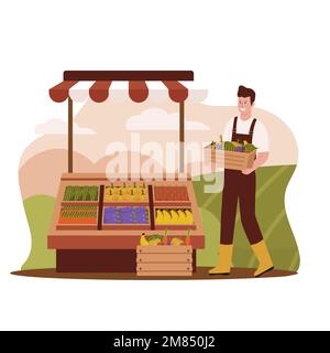 Conception plate de l'agriculteur vendant des produits agricoles. Illustration pour les sites Web, les pages d'arrivée, les applications mobiles, les affiches et les bannières Illustration de Vecteur