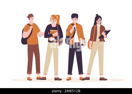 Groupe d'étudiants de collège ensemble de vecteurs. Illustrations pour les sites Web, les pages d'arrivée, les applications mobiles, les affiches et les bannières. Illustration à vecteur plat tendance Illustration de Vecteur