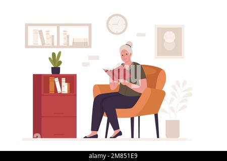 Granny lisant un livre sur le canapé. Illustrations pour les sites Web, les pages d'arrivée, les applications mobiles, les affiches et les bannières. Illustration à vecteur plat tendance Illustration de Vecteur