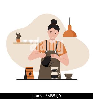 Illustration vectorielle de la préparation du café par le barista. Illustration du site Web, de la page d'arrivée, de l'application mobile, de l'affiche et de la bannière. Illustration à vecteur plat tendance Illustration de Vecteur
