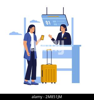 Concept d'illustration de l'inscription aux passagers du terminal de l'aéroport. Illustration du site Web, de la page d'arrivée, de l'application mobile, de l'affiche et de la bannière. Plat tendance v Illustration de Vecteur