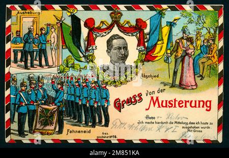 Europa, Deutschland, Niedersachsen, Delmenhorst, 1. Weltkrieg, propagande, patriotische Postkarte mit dem texte : ' Gruss von der Musterung - lieber Vater, ich mache hierdurch die Mitteilung, dass ich heute zu ... wurde ausgehoben. Mit Gruss und den Szenen Abschied, Ausheben und Fahneneid und einem Porträt von Kaiser Wilhelm II , Die Postkarte wurde am 27. 04. 1917 verschict . / Europe, Allemagne, Basse-Saxe, delmenhorst, WW I, Propagande, carte postale patriotique avec le texte : ' salutation de l'examen médical - cher père, je vous dis depuis aujourd'hui je suis un soldat, salutations ' , aussi là Banque D'Images